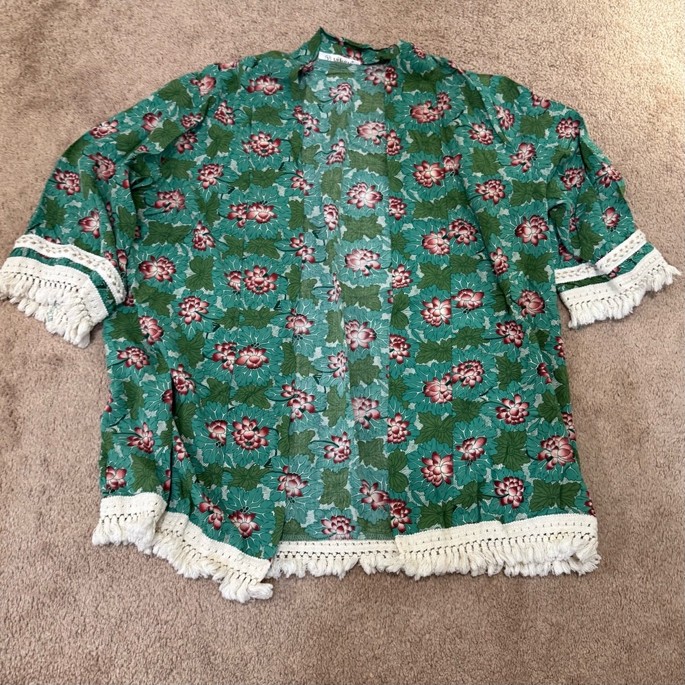Green & Floral Kimono with White Fringe Size Large